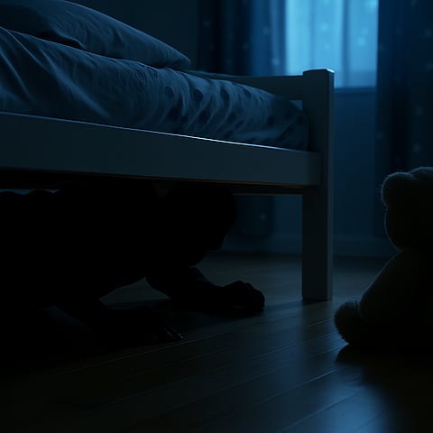 A dimly lit bedroom scene shows a shadowy figure hidden beneath a child’s bed, echoing a Kansas babysitter’s real-life discovery after a child complained of a “monster.”