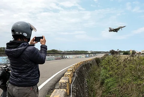 A Taiwanese fighter jet prepares to land at the Hsinchu Airbase on Wednesday.