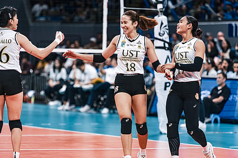 Reg Jurado (left) and Ange Poyos form UST’s lethal 1-2 punch in the UAAP Season 87 women’s volleyball tournament.