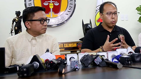 MMDA special operations head Gabriel Go apologizes for posting a video ticketing a cop for parking on the sidewalk during a press conference with NAPOLCOM Commissioner Rafael Vicente Calinisan, 3 April 2025, at the DILG-NAPOLCOM building in Quezon City