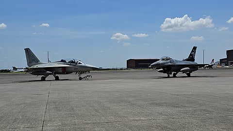 The Philippine Air Force's FA-50 fighter jet and F16 multirole fighter aircraft displayed during the opening of the of the Cope Thunder Philippines 2025 at the Clark Air Base in Mabalacat City, Pampanga on Monday, April 7, 2025. (Photo by Lade Kabagani)