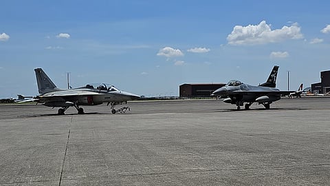The Philippine Air Force's FA-50 fighter jet and F16 multirole fighter aircraft displayed during the opening of the of the Cope Thunder Philippines 2025 at the Clark Air Base in Mabalacat City, Pampanga on Monday, April 7, 2025.