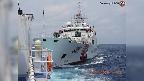 BRP Cabra (MRRV 4409) (left) has successfully driven the Chinese Coast Guard vessel away, forcing it to retreat to a position approximately 92-96 nautical miles off the coast of Capones Island.