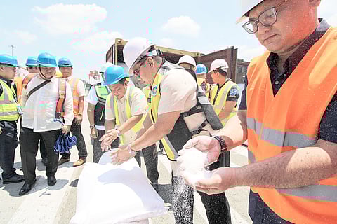 CUSTOMS Commissioner Bienvenido Y. Rubio, along with other officials, inspect the seized misdeclared sugar products from Vietnam valued at P28,728,000 at the Port of Subic on Thursday.