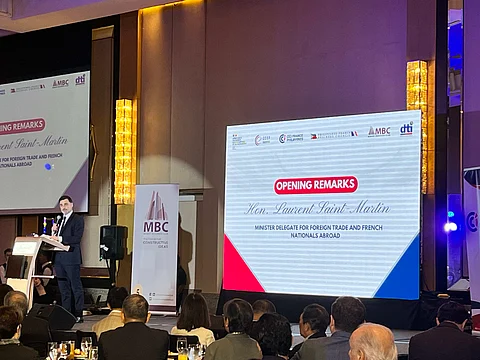 Laurent Saint-Martin, Minister Delegate for Foreign Trade and French Nationals Abroad to the Philippines, delivering his opening remarks during the France-Philippines Business Forum in Makati City on Friday.