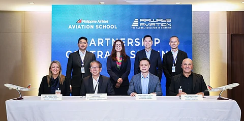 Senior executives of Philippine Airlines and Airways Aviation, headed by (seated from left) Airways Aviation Group CEO Australasia and Pacific Janet Dalby, PAL OIC Executive Vice President Atty. Carlos Luis Fernandez, PAL President and Chief Operating Officer Capt. Stanley K. Ng, and Airways Aviation Founder and Chairman Romy Hawatt signed the partnership contract on Thursday (April 10) in the presence of (standing from left) PAL Senior Vice President for Operations Capt. Roland Narciso, the Australian Ambassador to the Philippines, Her Excellency HK Yu, PAL Express President Rabbi Vincent Ang, and PAL Assistant Vice President for PAL Aviation Training Center Capt. Ed Alfred Medina.