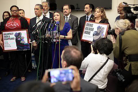 WASHINGTON, DC - APRIL 09: Wife of Kilmar Abrego Garcia, Jennifer Vasquez Sura, speaks during a news conference to discuss his husband’s arrest and deportation during a news conference at Cannon House Office Building on April 9, 2025 in Washington, DC. The Congressional Hispanic Caucus held a news conference to discuss the deportation of Maryland resident Kilmar Abrego Garcia to the maximum security prison Terrorism Confinement Center (CECOT) in El Salvador, an incident the Trump administration claims as “an administrative error,” but refuses to bring Abrego Garcia back to the United States.