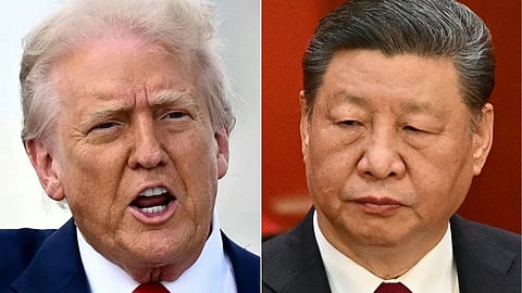 Side-by-side photos of U.S. President Donald Trump (left) speaking with an animated expression and Chinese President Xi Jinping (right) looking serious and reserved. Both are wearing dark suits and red ties.