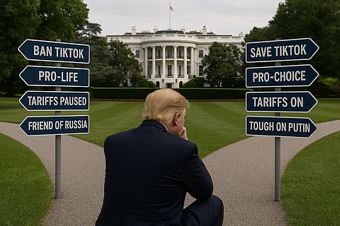 A man resembling former President Donald Trump sits at a crossroads with conflicting political stances on directional signs, set against the White House lawn — symbolizing his history of policy reversals.