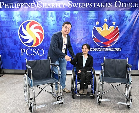 The Philippine Charity Sweepstakes Office, represented by assistant general manager for Charity Sector Arnel N. Casas, turns over 20 wheelchairs to the Cerebral Palsied Association of the Philippines Inc. in a ceremony held at the PCSO Conservatory Building in Mandaluyong City. CPAP president Eunice Marie G. Factor received the donation with gratitude, emphasizing the impact of accessible mobility aids on the lives of persons with disabilities.