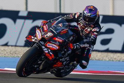 Aprilia Racing’s rider Jorge Martin steers his bike during the free practice session of the Qatar MotoGP Grand Prix.