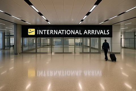 A nearly empty international arrivals area at a US airport, with only one or two visible travelers and overhead signage—used to illustrate the decline in foreign tourism.
