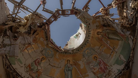 This photograph shows the interior of a church heavily damaged by shelling in Kostyantynivka, eastern Donetsk region, on 18 April 2025, amid the Russian invasion of Ukraine.