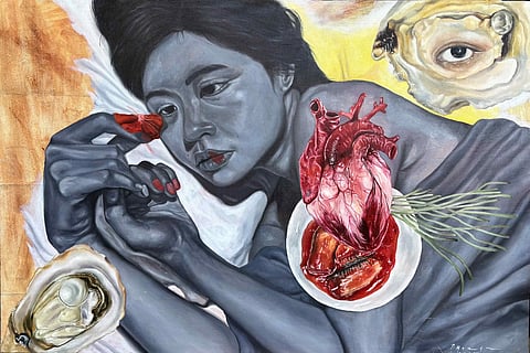 Pamela Maceda's 'mantsa nitong kamantigue' (oil on canvas, 24 by 36 inches, 2025).