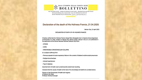 A screenshot of the official Vatican death declaration of Pope Francis, dated 21 April 2025, listing stroke, coma, and cardiovascular collapse as the causes of death, signed by Professor Andrea Arcangeli.