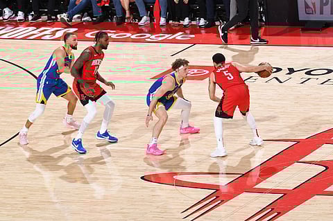Brandin Podziemski #2 of the Golden State Warriors plays defense during the game against the Houston Rockets during Round 1 Game 1 of the 2025 NBA Playoffs on 20 April 2025 at the Toyota Center in Houston, Texas.