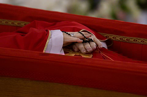 Simplicity till the end Shunning traditional papal funerals that involved three caskets and a place in the Vatican, Pope Francis gave his nod to simplified rules in April 2024. Here is a glimpse of the pontiff’s hands as he lay in his open coffin at the rite of the Confirmation of the Death of the Pontiff at the Chapel of Santa Marta in The Vatican. Meanwhile, Catholics from all parts of the world honor Pope Francis through prayers and Masses in churches where his portraits are often displayed for all to see.