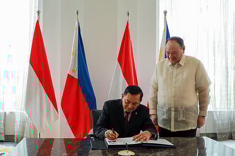 Minister of Defense of the Republic of Indonesia His Excellency Sjafrie Sjamsoeddin (seated) renders an introductory call on Defense Secretary Gilberto Teodoro Jr. during the Indonesian official’s visit to the Philippines on Wednesday.