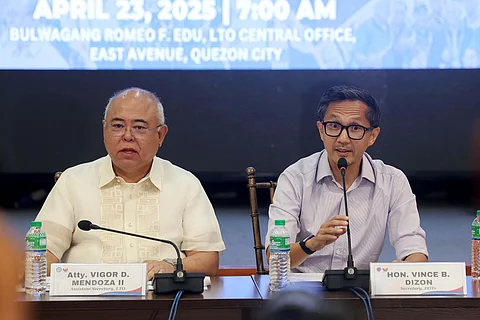 Department of Transportation Secretary Vince Dizon (right) joins LTO chief Assistant Secretary Vigor D. Mendoza II in announcing the suspension of at least 671 public utility drivers for offenses committed over the Holy Week.