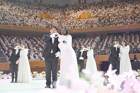 Couples attend a mass wedding ceremony organized by the Unification Church at Cheongshim Peace World Center in Gapyeong, South Korea.