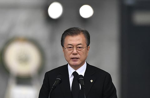 (FILES) South Korean President Moon Jae-In delivers a speech during a ceremony to mark the Korean Memorial Day at the National Cemetery in Seoul on June 6, 2019. South Korea's former president Moon Jae-in has been indicted on corruption charges related to the employment of his son-in-law at an airline, prosecutors said on April 24, 2025.