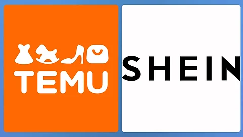 Side-by-side logos of e-commerce platforms Temu (orange background with white icons and text) and Shein (white background with black text), representing the two fast-fashion and online retail competitors.