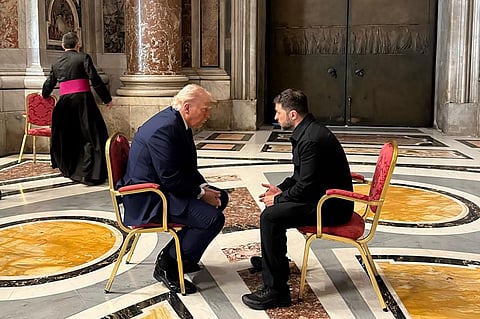In this handout photograph taken and released by the Ukrainian Presidential Press Service on April 26, 2025, Ukraine's President Volodymyr Zelensky (R) meets with US President Donald Trump (L) on the sidelines of Pope Francis's funeral at St. Peter's Basilica at the Vatican.