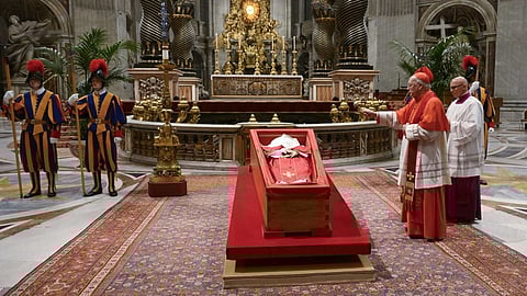 This photo taken and handout on 25 April 2025 by The Vatican Media shows Kevin Farrell, Cardinal Camerlengo during the rite of the Velatio before to seal the coffin of Pope Francis on the eve of his funeral at The Vatican.