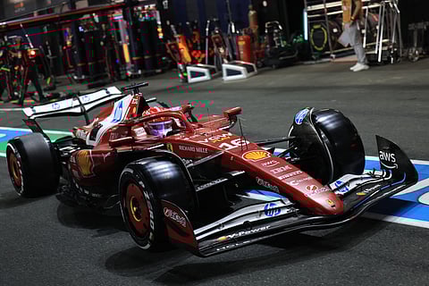 FERRARI’s Monegasque driver Charles Leclerc drives off after a pit stop during the 2025 Saudi Arabia Formula One Grand Prix.