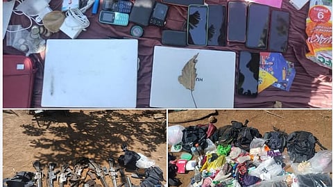 High-powered firearms and other items recovered by Army troops after an encounter with remnants of the New People’s Army in Barangay Tapi, Kabankalan City, Negros Occidental are presented on Sunday.