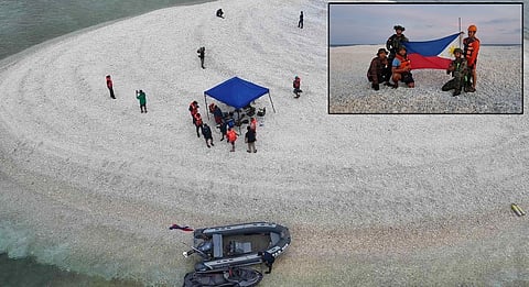 THIS handout photo taken on 21 March last year and received from the Philippine Coast Guard and Bureau of Fisheries and Aquatic Resources shows an aerial view of Filipino scientists inspecting Sandy Cay reef, near the Philippine-held Thitu Island, in Spratly Islands. Inset, taken on 27 April this year shows Philippine Coast Guard and military personnel holding a Philippine flag during an inter-agency maritime operation in Sandy Cay 2. The Philippines on 28 April slammed an ‘irresponsible’ Chinese state media report claiming a disputed reef in the South China Sea was under Beijing’s control, saying the status quo was unchanged.