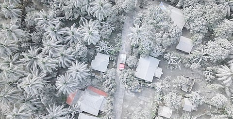 Aerial photo reveals the ash-covered areas in Sorsogon, following the phreatic eruption of Mt. Bulusan on 28 April. The volcano is currently under Alert Level 1.
