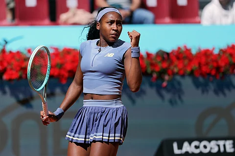 Coco Gauff reacts after beating Belinda Bencic 6-4, 6-2 to advance to the Last 16 of the Madrid Open.