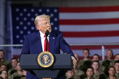 SELFRIDGE ANGB, MICHIGAN - APRIL 29: U.S. President Donald Trump speaks during a visit with Michigan Air National Guard troops on April 29, 2025 at Selfridge Air National Guard Base, Michigan. Trump will travel to Macomb Community College in Warren, Michigan to hold a rally where he is expected to highlight his accomplishments during his first 100 days in office, including closing the border, job creation and the economy. Scott Olson/Getty Images/AFP
SCOTT OLSON / GETTY IMAGES NORTH AMERICA / Getty Images via AFP