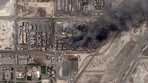A satellite photo obtained from Planet Labs PBC and dated April 28, 2025 shows a column of smoke billowing after an explosion at Iran's Shahid Rajaee port