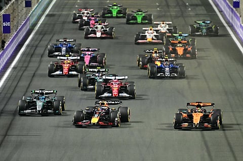 Drivers race as they set off for the 2025 Saudi Arabia Formula One Grand Prix at the Jeddah Corniche Circuit on April 20, 2025.