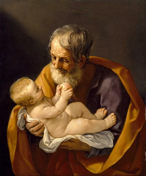 Guido Reni’s painting Saint Joseph and the Christ Child portrays a tender moment between Jesus and His earthly guardian, capturing the humility and protective care of St. Joseph.