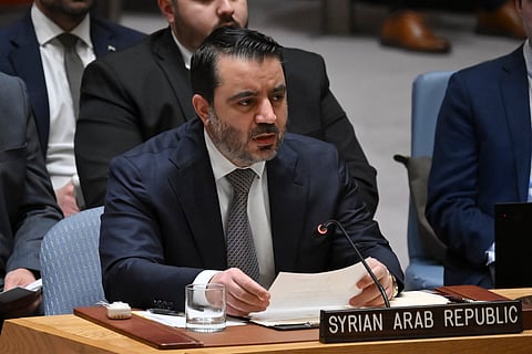 Syrian Foreign Minister Asaad al-Shaibani speaks during a UN Security Council meeting on the Middle East at the UN Headquarters in New York, 25 April 2025.