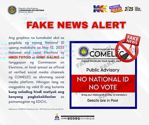 A Comelec "Fake News Alert" visual debunking a false advisory that claims voters must present a National ID to vote on 12 May 2025. The image shows a red banner labeled "NO NATIONAL ID NO VOTE" marked with a "FAKE NEWS" stamp, clarifying that the claim did not come from Comelec and that only a valid ID is needed if voter identity cannot be verified through the EDCVL.