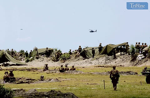 (May 03 2025) Part of Balikatan-40 2025, A Philippine, US military joint exercise , conducted Counter Landing live fire exercise on Saturday may 3 2025 at Brgy Dodan, Aparri, Cagayan , to deny enemy from gaining foothold at Northern Luzon, forces joined, PH - Philippine Marine Corps, Philippine Army, Special Operations Command, Marine Reservists, Philippine Air Force, PNP Special Action Force, Philippine Coast Guard, and PNP Maritime (308 total), US - US Marine Corps, US Army, Artillery Units, and Safety Units (279 total), used the assets PH - Artillery (2X 105mm), Armor (2x LAV), Small Arms, PA Armor Division (4 Tanks), PA Plt 8 Fab (2x 105mm), PA PIt (2x155mm), and Smart Shooter, US - 4X AH-64, HMLA-267 (2/2) AH/UH-1, MSOT (cuing and sensing), VMFA-323 (2X F/A-18) (Mk-82), 4x F-16 (Mk-82), CTF-72 (1x P-8A), and Small Arms. Photo/Analy Labor
