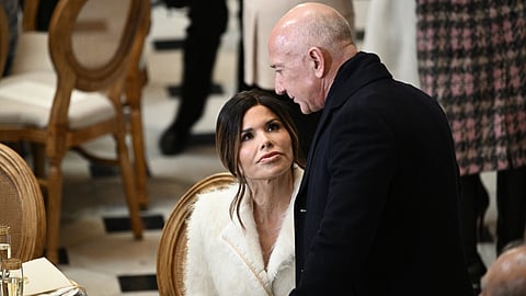 Executive Chairman of Amazon Jeff Bezos (R) and US author Lauren Sanchez attend the 11th Breakthrough Prize ceremony at Barker Hangar in Santa Monica, California, on 5 April 2025.