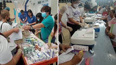 Volunteer lab technicians analyze urine (right) and distribute free medicines (left) during the Watsons Medical Mission at the Mandaluyong City College of Science and Technology gym in Mandaluyong City on 29 April.