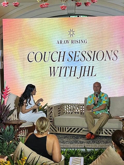 Jean Henri Lhuillier (right), CEO of Araw Hospitality Group, answers questions from the media during the unveiling of ‘Araw Aruga’ at the Palacio De Memoria in Parañaque City on 3 May.