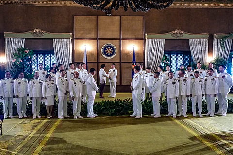 President Ferdinand R. Marcos Jr. administers the oathtaking of 29 promoted flag rank officers of the Philippine Coast Guard from 2023 to 2025 at the Heroes Hall, Malacañang Palace on Tuesday, May 06, 2025. The group includes two Vice Admirals, eight Rear Admirals, and 19 Commodores, promoted in 2024 and 2025. Among those promoted were Vice Admiral Edgar Ybañez, Deputy Commandant for Operations, and Vice Admiral Charlie Rances, Commander of the Coast Guard Education, Training, Doctrine Command.