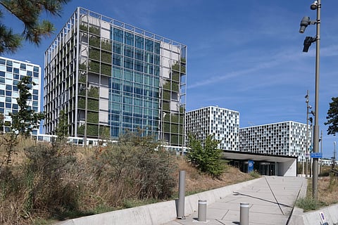 The modern premises of the International Criminal Court (ICC) in The Hague, Netherlands, featuring glass-and-steel architecture with vertical greenery. The ICC relocated to this building in December 2015.