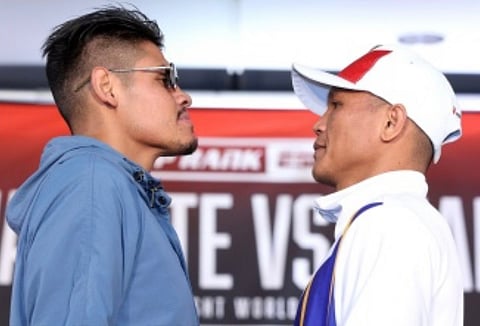 Filipino challenger Charly Suarez (right) and Mexican defending WBO super-featherweight champion Emanuel Navarrete size each other up ahead of their title clash this Saturday (Sunday in Manila) in San Diego, California.