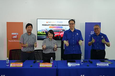 TOYOTA RentaCar and JoyRide executives seal their new partnership to offer long-term car rentals via the JoyRide Superapp. Shown are: (from left) Toyota Mobility Solutions chief operating officer Ryo Yokoyama, TMS president Ma. Christina Fe Arevalo, Joyride PH president Neil Sherwin Yu, and Joyride PH senior vice president for Special Projects Jerico Meneses.