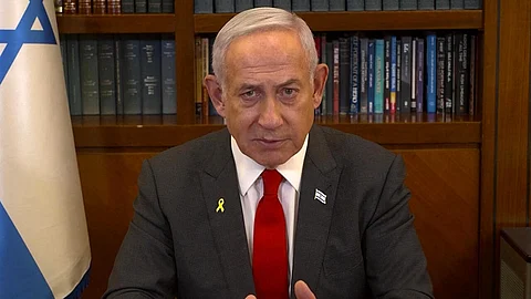 Israeli Prime Minister Binyamin Netanyahu during a televised address in Jerusalem on January 18, 2025.
