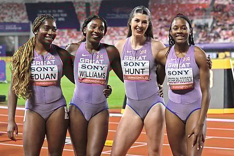 Success Eduan (left) leads the powerhouse Great Britain squad of Bianca Williams, Amy Hunt and Nia Wedderburn-Goodison to a gold medal in the women’s 4x100-meter run of the World Athletics Relays in Guangzhou, China.
