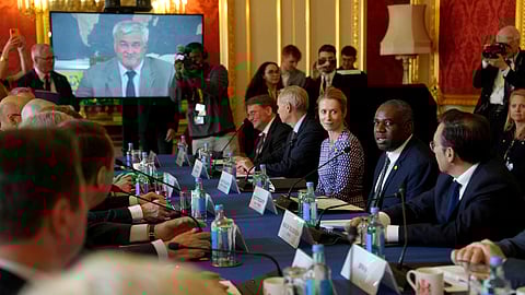UK Foreign Secretary David Lammy speaks during the Weimar+ group meeting on Ukraine and European security at Lancaster House in London on 12 May 2025, with European ministers seated around a conference table.